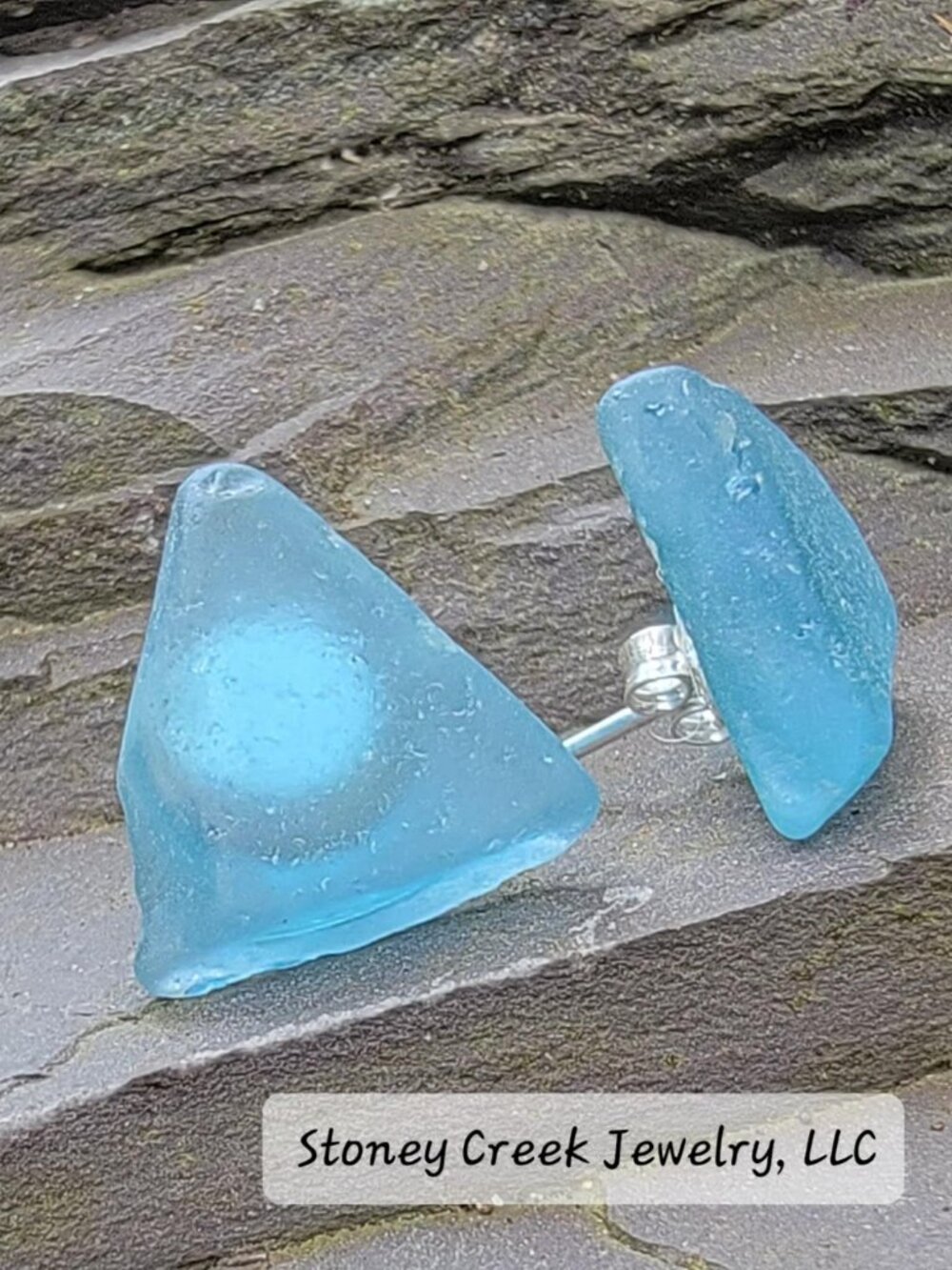 Michigan Beach Glass .925 Sterling Silver Green Stud Earrings Handmade